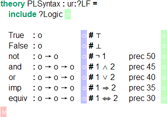 `theory PLSyntax : ur:?LF =	include ?Logic \RS True	: o	\US # ⊤	\RS False : o	\US # ⊥	\RS not : o → o \US # ¬ 1 prec 50 \RS and : o → o → o \US # 1 ∧ 2 prec 45 \RS or : o → o → o \US # 1 ∨ 2 prec 40 \RS	imp	: o → o → o \US # 1 ⇒ 2 prec 35 \RS equiv	: o → o → o \US # 1 ⇔ 2 prec 30 \RS \GS`